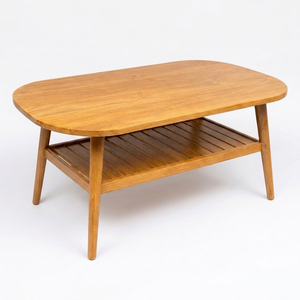Minimalist Modern <b>Solid</b> Teak Oval Slatted Coffee Table High Quality Honey Finish Open Shelf Non-Foldable Hotel Lounge Wholesale - Product Image 4