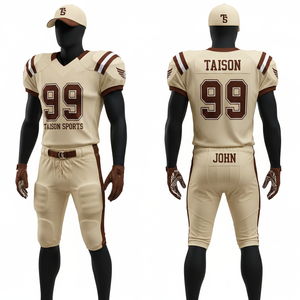 Uniforme de football américain pour hommes, 260 GSM, maille respirante en polyester, marron crème, panneaux de manches rayés, logo personnalisé en twill. - Product Image 2