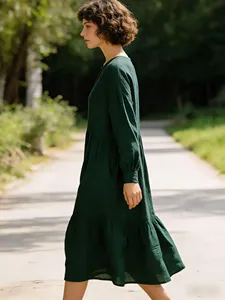 Women dark green midi <b>dress</b> V neck <b>long</b> sleeve <b>boho</b> style flowy loose fit tiered casual summer autumn <b>dress</b> - Product Image 3