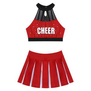 Ensemble d'uniformes de cheerleading rouge et blanc de qualité supérieure avec crop top orné de strass, encolure en maille et jupe plissée pour performance d'équipe - Product Image 2