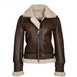 <b>Men's</b> Genuine <b>Leather</b> Solid Front Logo Bomber <b>Jacket</b> Faux Fur Lining Windproof Winter Moto Biker Style Zipper Closure - Product Image 1