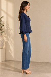 <b>Women's</b> Navy Striped V Neck <b>Blouse</b> Elegant <b>Long</b> Balloon Sleeve Button Up Top <b>for</b> Work - Product Image 2