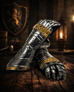 Gants de chevalier médiévaux en acier, armure articulée pour les mains, plaqué or, style antique, artisanat métallique - Product Image 1