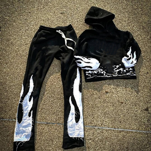 Ensemble sweat à capuche et pantalon noir d'hiver avec imprimé flamme blanche, tenue streetwear deux pièces décontractée coupe ample - Product Image 2