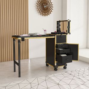 Estación de manicura portátil de oro negro, mesa de Arte de uñas con espejo LED, cajones bloqueables por Bluetooth, poste telescópico para salones - Product Image 1