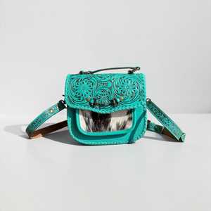 Sac bandoulière en cuir véritable turquoise avec embossage floral et panneau imprimé vache, style bohème, sac à bandoulière pour femme - Product Image 1