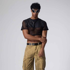 <b>Men's</b> Black <b>Mesh</b> Crop T-Shirt Short Sleeve O-Neck Color Blocked Street Style Regular Fit Breathable <b>Top</b> - Product Image 1