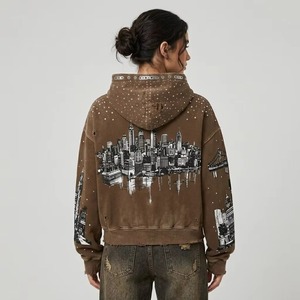 Custom Brown Washed City Graphic Zip Up <b>Hoodie</b> Rhinestone Studded Distressed Oversized Y2K Vintage Streetwear Rhinestone Hoodies - Product Image 6