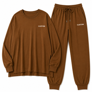 Ensemble de survêtement marron personnalisé avec logo, manches longues, col rond, pantalon de jogging, tenue décontractée deux pièces, vente en gros OEM, marque privée - Product Image 3