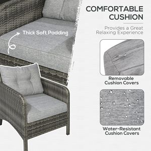 Set di 5 Sedie Lounge in Rattan Grigio per Esterni con Cuscini, Pouf e Tavolo in Vetro - Product Image 5