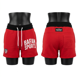 Shorts de mujer premium de 280 GSM, mezcla de algodón y poliéster, suaves y elásticos, con cintura roja y negra, logotipo estampado. - Product Image 5