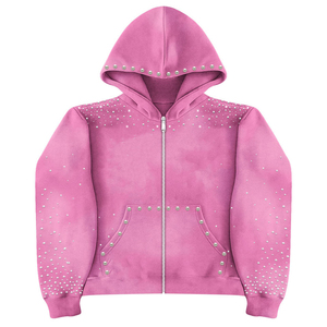 Sweat-shirt à capuche en polaire rose avec strass, fermeture éclair, unisexe, coupe classique, décontracté, pour l'automne - Product Image 2