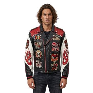 Custom Leather <b>Black</b> Racing <b>Badge</b> Streetwear Vintage Emblem Zip Front Detail <b>Black</b> Moto <b>Badge</b> Styling Jackets - Product Image 3