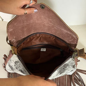 New Western Style Hair on Hide Fur Suede Leather Fringe <b>Bag</b> High Quality <b>Boho</b> Women Leather Shoulder <b>Bag</b> With Turquoise Stone - Product Image 5