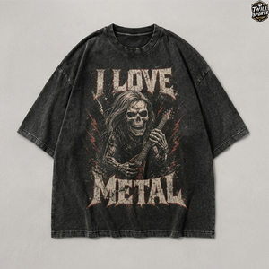 I Love Metal Skull Print Men's Cotton T-Shirt Flare Sleeve O-Neck <b>Punk</b> Style Oversized Fit Long Sporty - Product Image 1