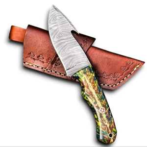 มีดดาบเหล็กดามัสกัส ใบมีดแบบ Fixed Blade สำหรับล่าสัตว์ เอาตัวรอด ตั้งแคมป์ ใช้ในยุทธวิธี  ด้ามจับพลาสติกแบบกำหนดเองได้  พร้อมปลอกหนัง สำหรับกิจกรรมกลางแจ้ง - Product Image 1