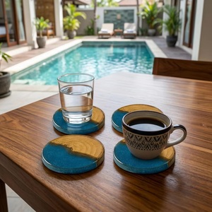 Ba Wood Resin Classic Eco-Friendly Durable Coaster Set <b>Round</b> Handmade Blue and Natural Finish 4 Piece <b>Mats</b> & Pads - Product Image 4