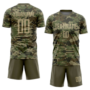 Nuevo Uniforme de Fútbol Personalizado 2026 con Estampado de Camuflaje Vegas Gold Olive por Transferencia Térmica, Pantalones Cortos de Secado Rápido de Alta Calidad - Product Image 1