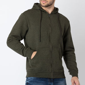 Sweat-shirt à capuche zippé pour homme, vert olive uni, coupe classique, en coton French Terry, décontracté, pour l'automne - Product Image 5