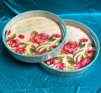 Plateau de service rond en bois imprimé de motifs floraux de luxe, fait main, multifonctionnel, provenant d'Inde