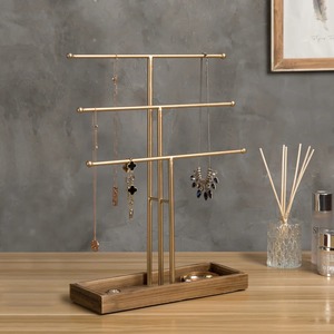 Gold Metal Jewelry Organizer Stand with Wooden Tray for Necklaces and Earrings - Product Image 3
