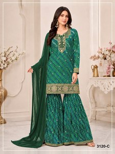 Salwar Kameez vert brodé pour femme avec dupatta, tenue traditionnelle indienne et pakistanaise, coupe ample, longueur au sol, en polyester - Product Image 1