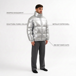 Men's <b>Silver</b> Hooded Collar <b>Puffer</b> <b>Jacket</b> Windproof Breathable Polyester Wadding Winter Casual Loose Fit Zipper Closure Front - Product Image 5
