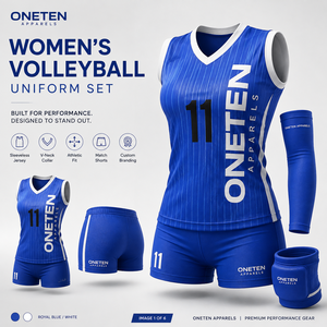 ONETEN APPARELS Ensemble de maillot de volley-ball pour femmes, bleu rayé, col en V, sans manches, short athlétique anti-transpiration, numéro personnalisé 11 - Product Image 6