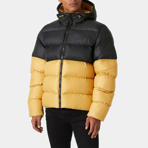 Chaqueta acolchada con capucha para hombre, en negro y color mostaza, con diseño de bloques de color, rellena de plumón, cortavientos, con cierre de cremallera, informal, para invierno. - Product Image 2
