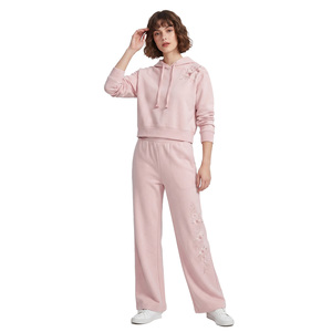 Trendy <b>Pink</b> Floral Embroidery Hoodie Set Custom Hoodies Regular Fit Cropped <b>Tracksuit</b> Winter Streetwear Premium Fleece Wide Pant - Product Image 1