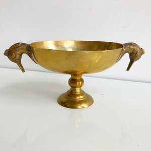 Vintage Brass Bowl With Duck Handles Pedestal Base <b>Bar</b> Decor - Product Image 1
