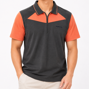 Camiseta Premium de Punto Piqué para Hombre, Diseño de Corte en Contraste, Logotipo Bordado, Cuello con Media Cremallera, Manga Corta, Estilo Elegante - Product Image 1