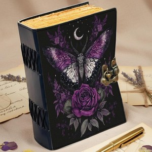 Herb Heritage Gothic Butterfly Leather Journal <b>Lock</b> Sewing Bound Moon Rose Notebook Handmade Grimoire Vintage Deckle Edge <b>Diary</b> - Product Image 1