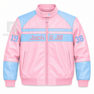แจ็คเก็ตหนังแท้ Jack & Jill of America สีชมพูและฟ้า ปักโลโก้ สไตล์ลำลอง สำหรับทุกเพศ พร้อมซับในโพลีเอสเตอร์ - Product Image 1