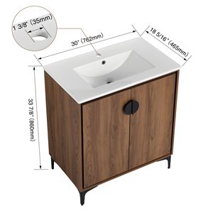 Mobile bagno freestanding da 30 pollici con 2 ante in legno ingegnerizzato e lavabo - Mobili bagno moderni - Product Image 3