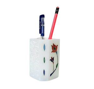 Porte-stylo en marbre blanc avec incrustation florale, accessoire de bureau durable, article cadeau promotionnel - Product Image 2
