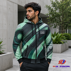 Sudadera con capucha y cremallera completa personalizada, color menta carbón, estampado vectorial, OEM, logotipo de marca privada, ropa urbana, fabricante mayorista de prendas de vestir - Product Image 5