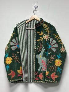 Elegant Green <b>Velvet</b> Embroidered <b>Jacket</b> With Rabbit And Floral Pattern Stand Collar Full Sleeve Open Front <b>Women's</b> Winter Coat - Product Image 3