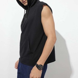 Sudadera con Capucha sin Mangas para Hombre, 100% Algodón, Felpa Francesa, Color Negro Sólido, Corte Regular Informal, Diseño con Bolsillos, Ropa de Otoño - Product Image 2