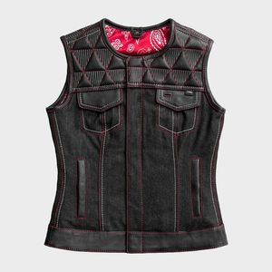 Chaleco de mezclilla y cuero estilo motociclista para mujer - Product Image 1