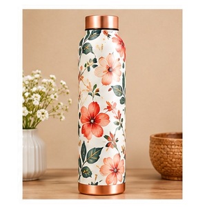 Bouteille d'eau florale en cuivre avec couvercle en cuivre, gourde de voyage portable, motif fleur de pêcher pur - Product Image 1