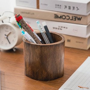<b>Rustic</b> Wooden <b>Desk</b> Pen Holder Round Office Supply Organizer for Pens and Accessories Natural Wood Handicraft Design - Product Image 3