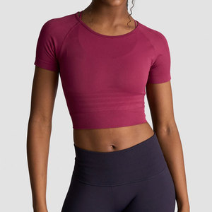 Custom Loose Breathable Women Yoga <b>Top</b> High Stretch Spandex/Nylon Solid Color <b>Crop</b> <b>Top</b> Short Sleeve Sportswear T-Shirt - Product Image 5
