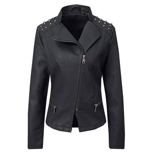 Chaquetas de Cuero Negras Personalizadas para Mujer, Chaqueta de Motociclista Vintage de Corte Ajustado, Chaqueta de Cuero Sintético PU, Chaqueta Casual con Cuello Alto - Product Image 6