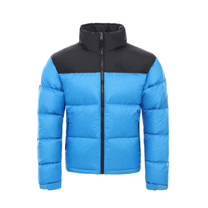 Men's Blue Down Puffer Jacket With Black Shoulder Panel Stand Collar Windproof Casual Winter <b>Coat</b> <b>Zipper</b> Closure Regular Fit - Product Image 1