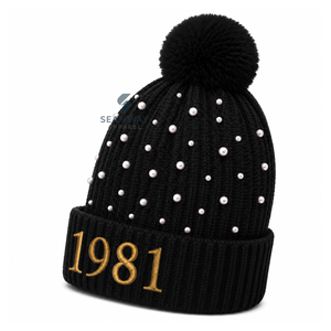 Bonnet en tricot acrylique pour femme NCBW, brodé, orné de perles, avec pompon, bord côtelé, bonnet d'hiver décontracté - Product Image 3