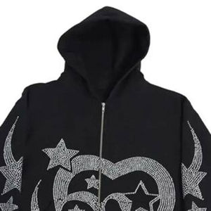 Sweat à capuche zippé noir 2026 orné de strass et de cristaux, en coton lavé 100 %, coupe décontractée unisexe, style streetwear - Product Image 2