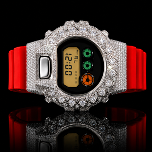 Bold Hip Hop Luxury Quartz Digital Watch Iced Silver Tone Stainless Steel Bezel <b>Red</b> Strap Sparkling Stones Modern Design - Product Image 2