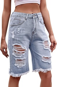 Women's Light Blue Dark Blue Black White Grey <b>Boot</b> Cut Knee-Length Vintage Cotton Denim Shorts - Product Image 5