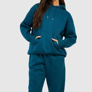 Women Teal Hooded <b>Tracksuit</b> Full Sleeve Solid Color Casual Loose Fit Midweight Cotton Drawstring Closure Side Pockets Autumn - Product Image 1